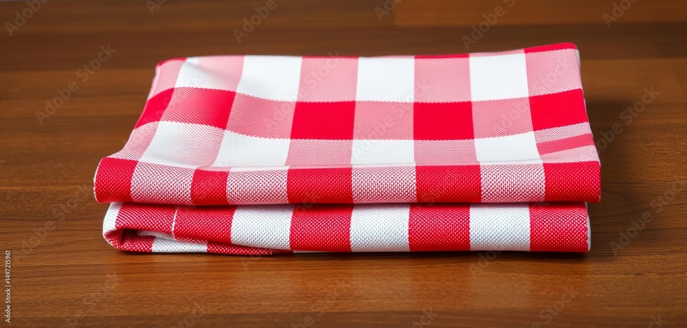 Obraz premium Red and white checkered cotton napkin, folded neatly, napkin, surface