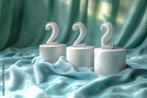 Three Elegant White Podiums Displaying the Number 222 on Teal Fa