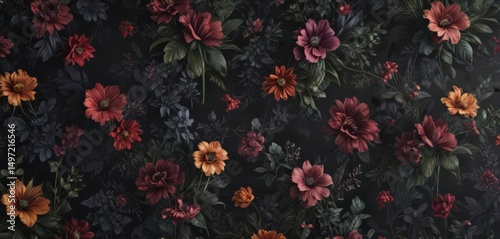 Abstract dark floral wallpaper, seamless botanical design, pattern, dark
