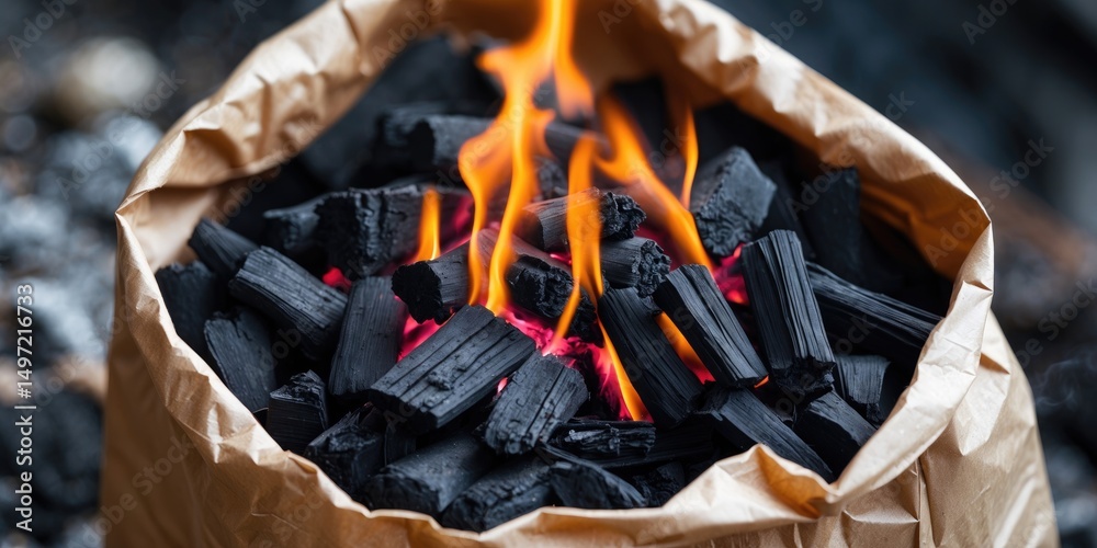 Fototapeta premium Burning charcoal in a paper bag for cooking or heating.