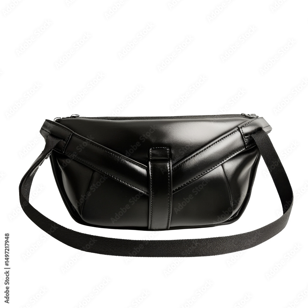 Naklejka premium sleek black handbag with modern design and adjustable strap, perfect for stylish outings. Its glossy finish adds touch of elegance to any outfit