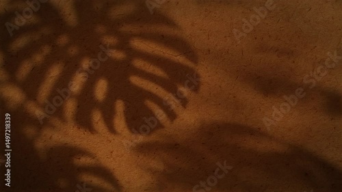 4K Seamless loop of monstera leaf shadows on brown textured surface, natural sunlight animation with copy space, tropical foliage overlay graphic design background, motion graphics, visual branding