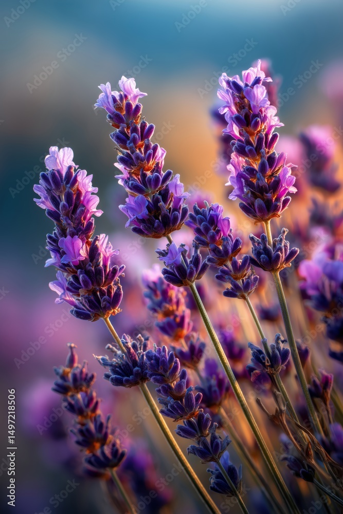 Obraz premium Vibrant lavender blooms in a soft sunset glow create a tranquil atmosphere in a blooming field
