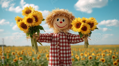 Cheerful scarecrow holding sunflowers in a sunny field
