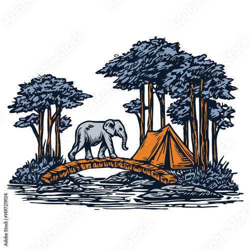 Detailed Vector Artwork of Elephant Walking Over Bridge in Nature Scene