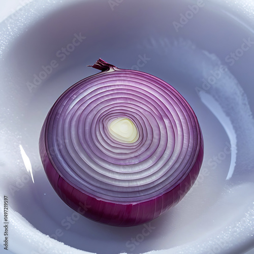Close-up of a sliced red onion in a white bowl.