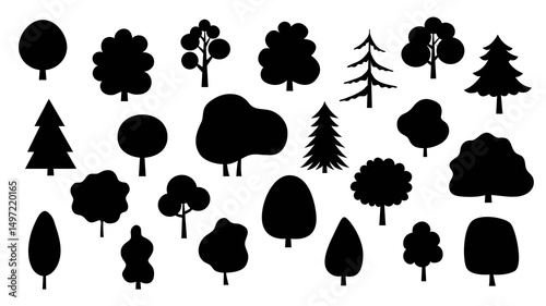 Big set of tree silhouettes isolated on white background. Tree icon or logo vector illustration