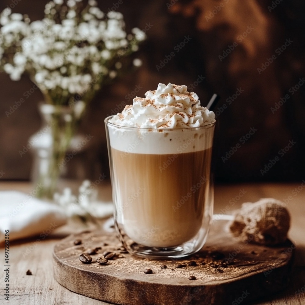 Creamy latte topped with whipped cream and spices in a glass, surrounded by coffee beans and delicate flowers, creating a cozy and inviting atmosphere for coffee lovers. Creamy latte topped with whipped cream and spices in a glass, surrounded by coffee beans and delicate flowers, creating a cozy and inviting atmosphere for coffee lovers.