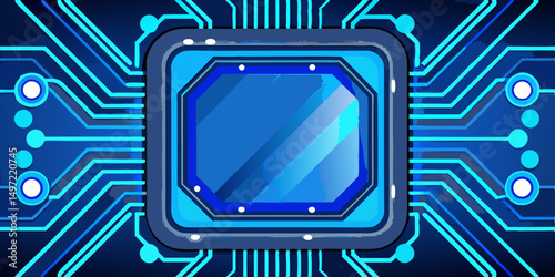 A vintage television screen with a blue circuit board background displays retro technology and communication symbols