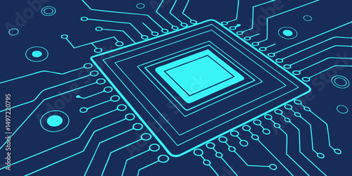 Blue printed circuit board background with computer chip pattern for digital technology and electronics design