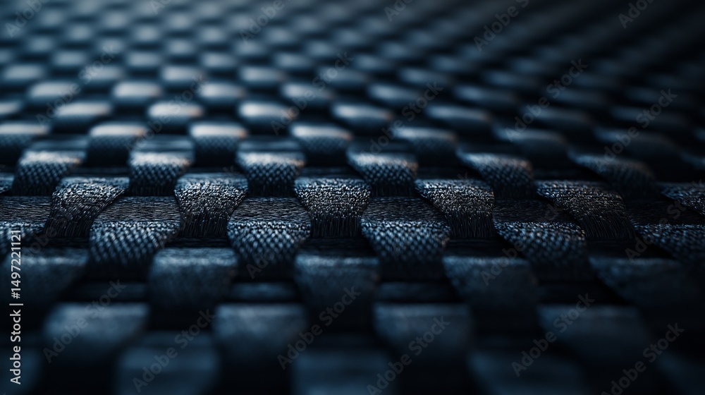 Obraz premium Top view of carbon fiber texture background featuring high-tech woven pattern with sleek, interlocking fibers and subtle reflections, creating a dark modern aesthetic perfect for banners, wallpapers