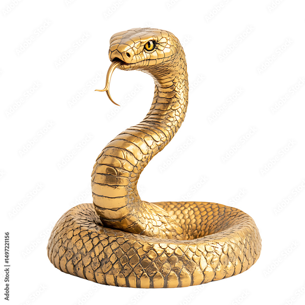 Fototapeta premium Golden a coiled snake raised its neck high, stuck out its tongue, and stared at something, isolated on a transparent background