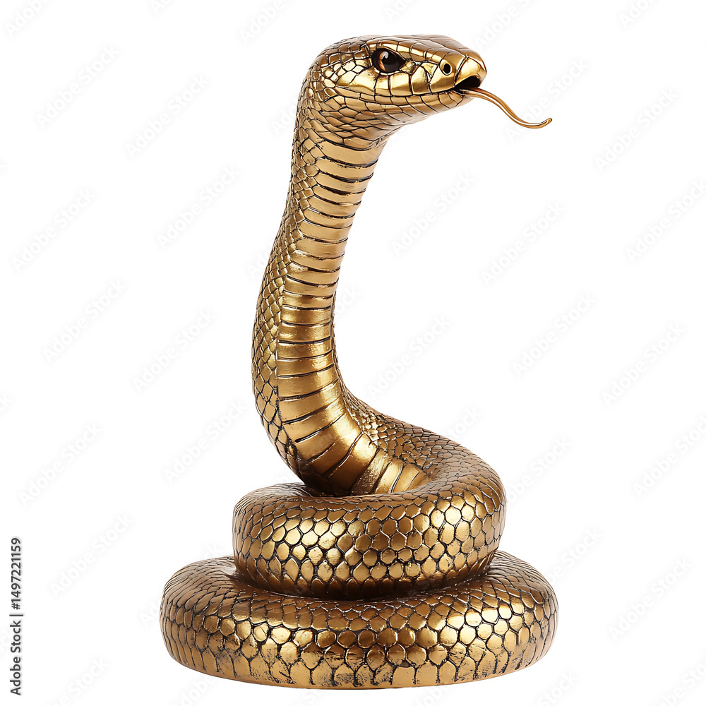Fototapeta premium Golden a coiled snake raised its neck high, stuck out its tongue, and stared at something, isolated on a transparent background