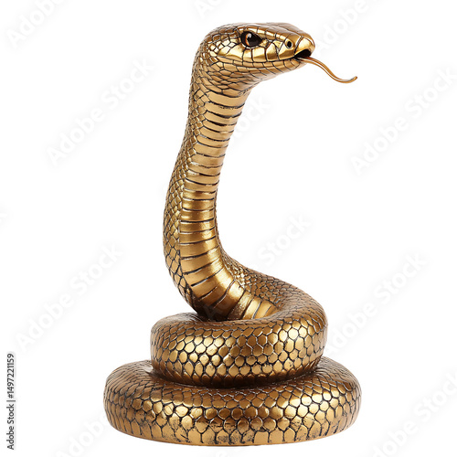 Golden a coiled snake raised its neck high, stuck out its tongue, and stared at something, isolated on a transparent background	