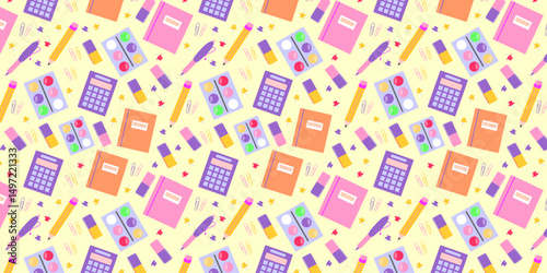 Back to school background, vector pattern with colorful school items. Pastel stationery scattered in playful design.