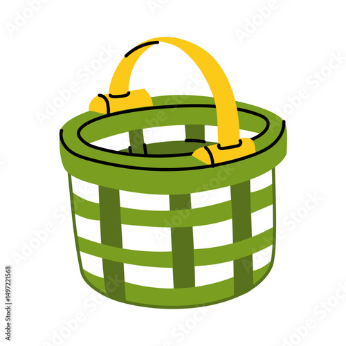 Plastic mesh basket, insulated green. An item for harvesting. Gardening tools. Suitable for ecology, gardening, cleaning, household, packaging design, instructions, educational, infographic materials