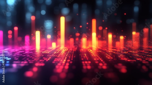Abstract Digital Cityscape: Neon Lights and Data Streams