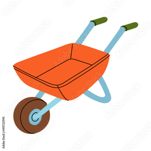 iron wheelbarrow on one wheel, isolated bright orange illustration. An item watering crops. Gardening tools. Suitable for ecology, garden, cleaning, household, packaging design, infographic materials