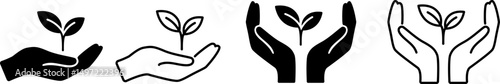 Set of minimal eco-friendly icons showing hands protecting or holding a plant sprout. Includes solid and outline versions for sustainable and environmental themes. Vector EPS 10