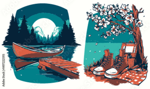 Serene Nature Scene with Canoe and Floral Picnic Setup