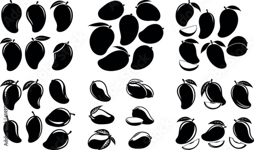 Collection of black and white mango silhouettes various poses