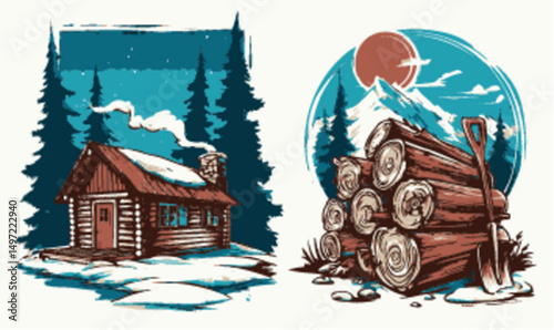 Cozy Cabin with Firewood in Winter Landscape Amidst Pine Trees