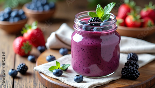 Delicious purple berry and chia seed smoothie in a glass jar garnished with mint sprig, blackberries and blueberries on a rustic wooden table - a healthy and refreshing summer drink.