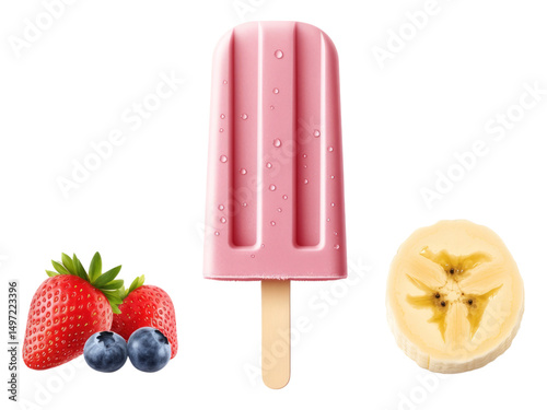 Fresh Fruit Popsicle with Strawberry and Banana on Transparent Background