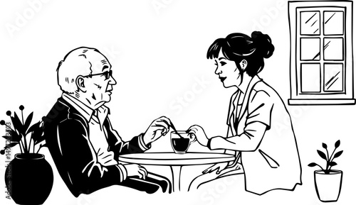 Elderly man and woman talking while sitting at a table with plants,   family visiting elderly parent