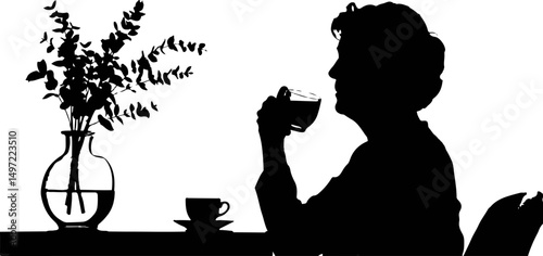 Elderly woman enjoying coffee while sitting by a vase with flowers , senior woman having tea 
