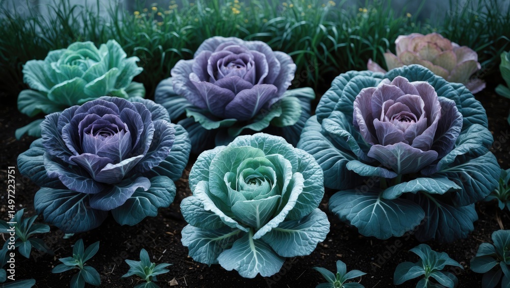 Obraz premium Colorful ornamental cabbages growing in a garden bed.