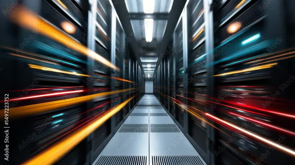 Data center corridor with server racks and dynamic light trails creating modern, fast paced technology environment highlighting speed, digital network, and advanced computer systems