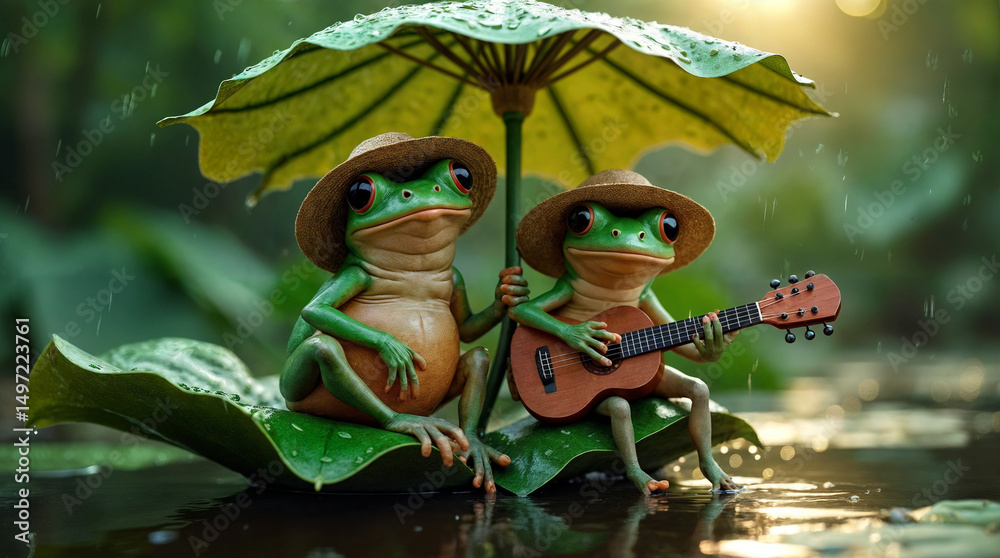 Obraz premium Two frogs are sitting on a leaf with an umbrella over them