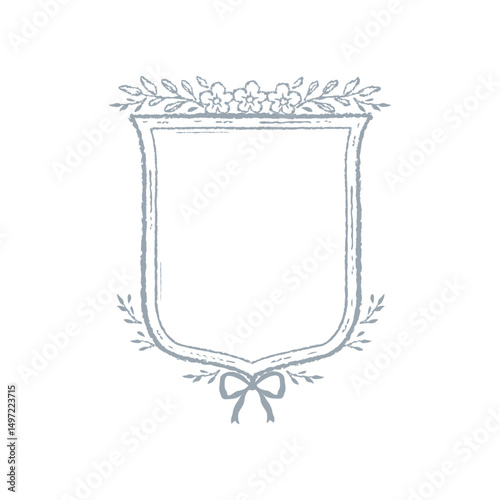Vintage frame border illustration, crest with floral ornament, vector hand drawn design elements.