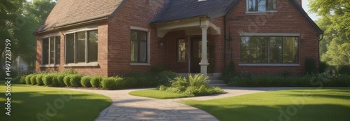Brick veneer house, manicured lawn, sunny day, brickwork, view
