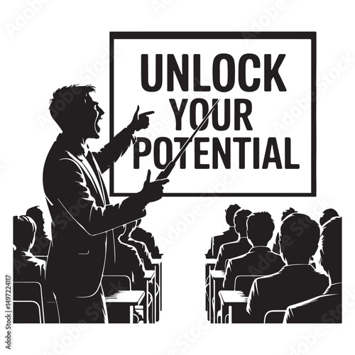 Motivational Speaker Presenting Unlock Your Potential  Silhouette Vector