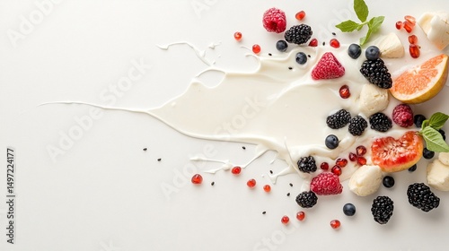 Yogurt Splash with Berries and Fruit on White Background