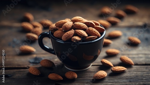 Almonds in a black cup with scattered almonds on a wooden surface. photo