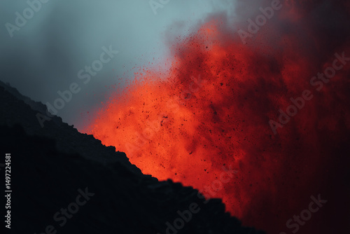 Volcanic eruption with lava flow, ash plume, molten magma, pyroclastic explosion from crater fissure, glowing rocks, smoke, seismic activity, spewing gases, cascading debris, and fiery inferno photo