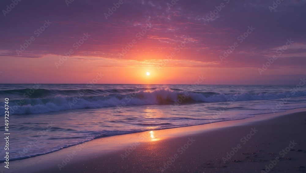 Obraz premium Sunset over the ocean with waves and reflection on the sand, capturing a tranquil moment on the beach. Beautiful natural scenery at dusk.