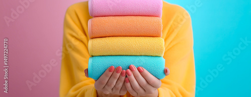 Soft, fluffy towels neatly rolled and arranged by color, creating a visually appealing display