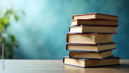 A stack of books is placed on a wooden table with a blue background.