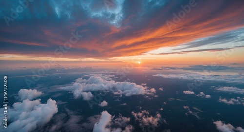 Sunset over the clouds from high altitude with colorful sky and dramatic weather patterns. Nature and sky, atmospheric scene. Natural beauty and sky view. photo