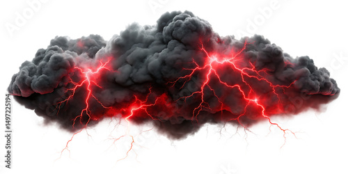 Fiery red lightning strikes dark cloud isolated on a white background png ai generated