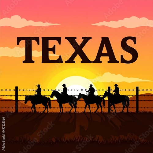 Sunset cowboys in texas silhouette against colorful sky