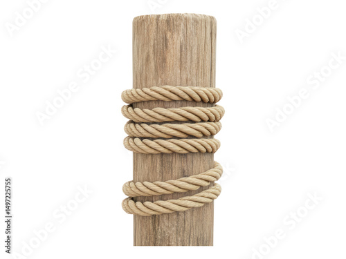Isolated Wooden Post with Twisted Rope on Transparent Background
