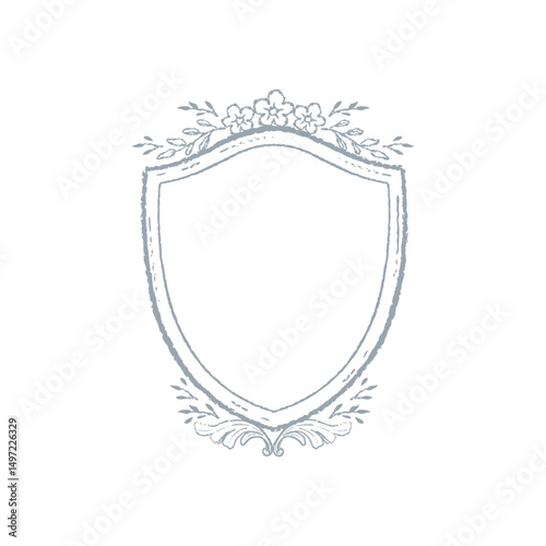 Vintage frame border illustration, crest with floral ornament, vector hand drawn design elements.