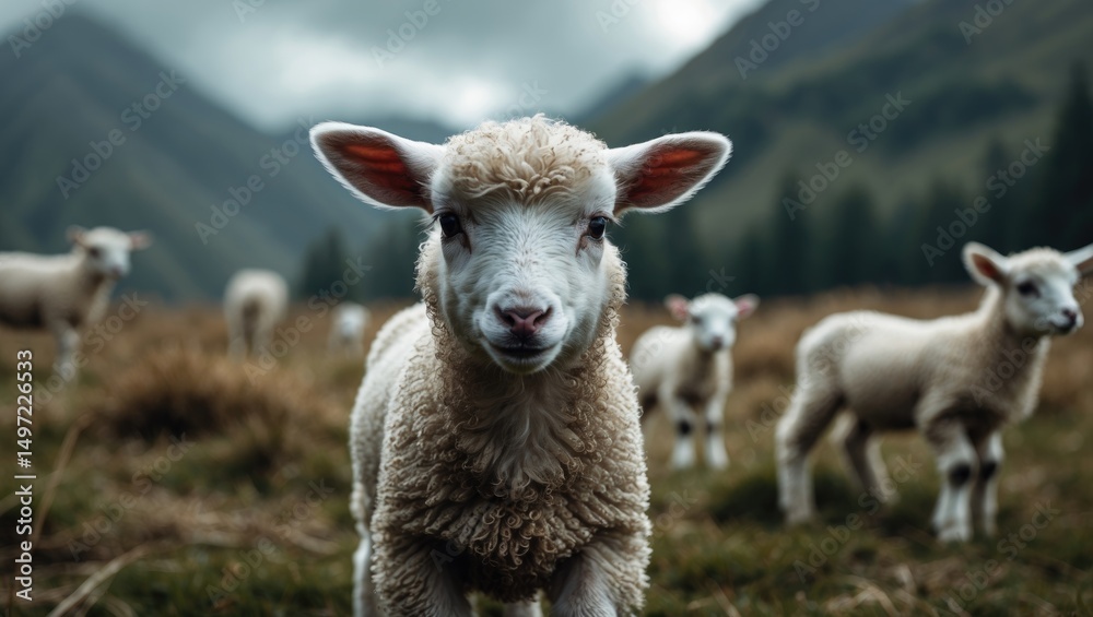 Obraz premium A lamb standing in a grassy field with other sheep in the background and mountains, showcasing rural pastoral scenery.