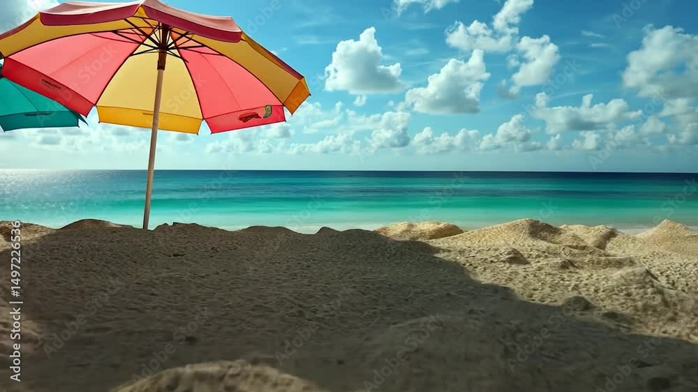 Colorful Umbrellas on Sandy Beach with Turquoise Ocean Colorful Umbrellas on Sandy Beach with Turquoise Ocean
