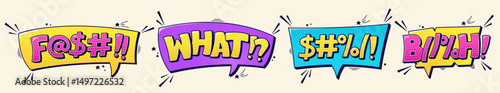 A set of four swear speech bubbles with halftone elements, cute dark details all around.